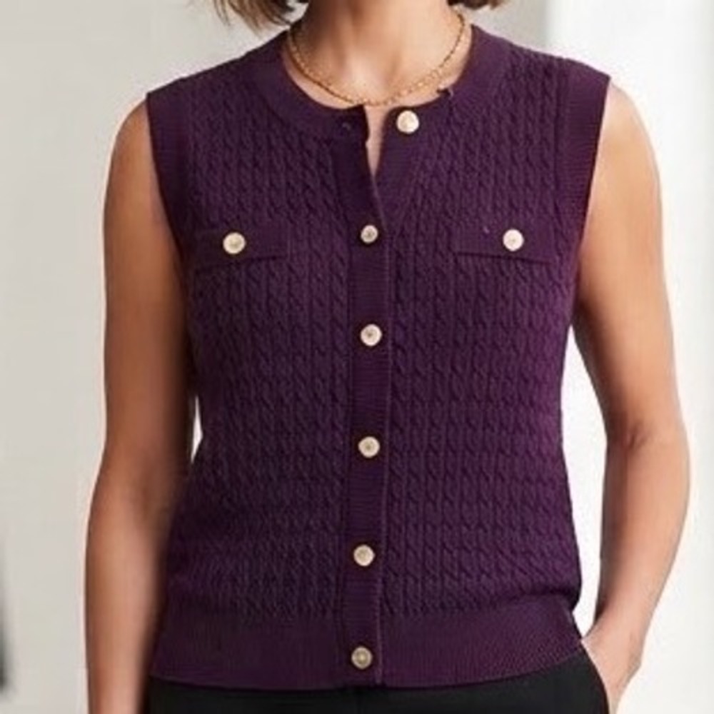 NWT Anne Klein Plum Purple Cable Knit Button Front Cardigan Vest Gold Buttons L